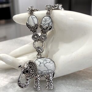White Howlite Black Oxidized Silvertone Elephant Floral Necklace